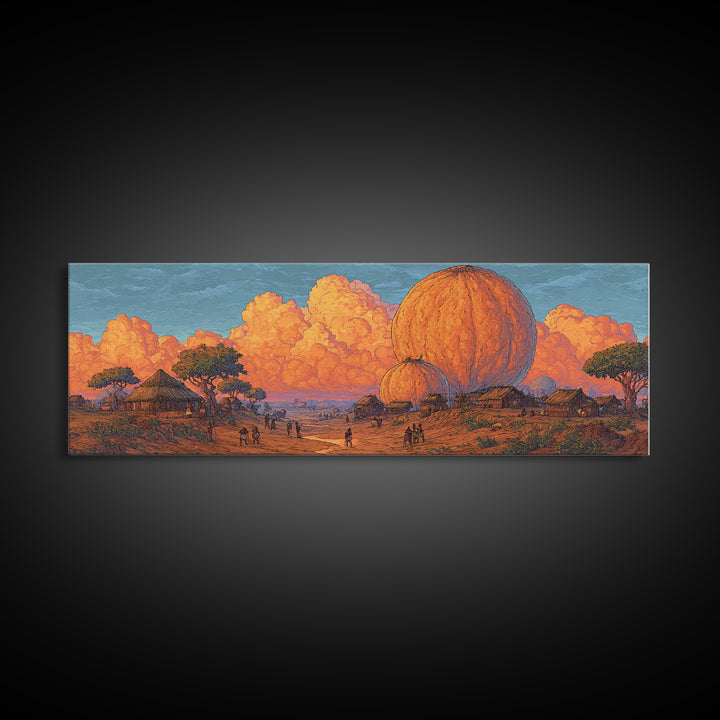 Orange African Savanna Baobab Village Wall Art, Afrocentric Landscape Canvas, Safari Decor, Earth Tone Living Room Print