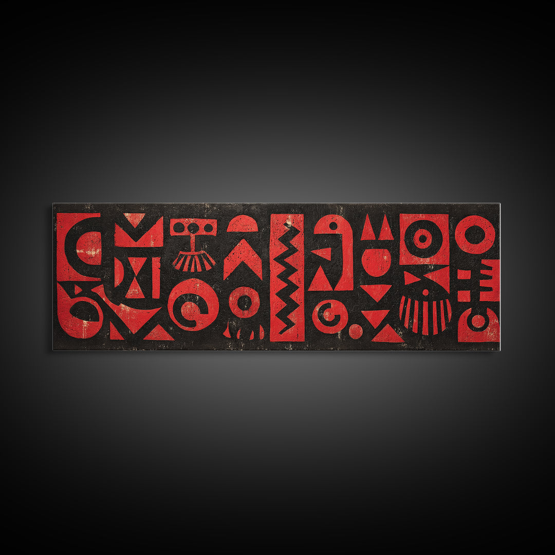 Red And Black African Tribal Glyphs Wall Art, Bold Geometric Canvas Decor, Afrocentric Symbols, Modern Ethnic Art Print Decor