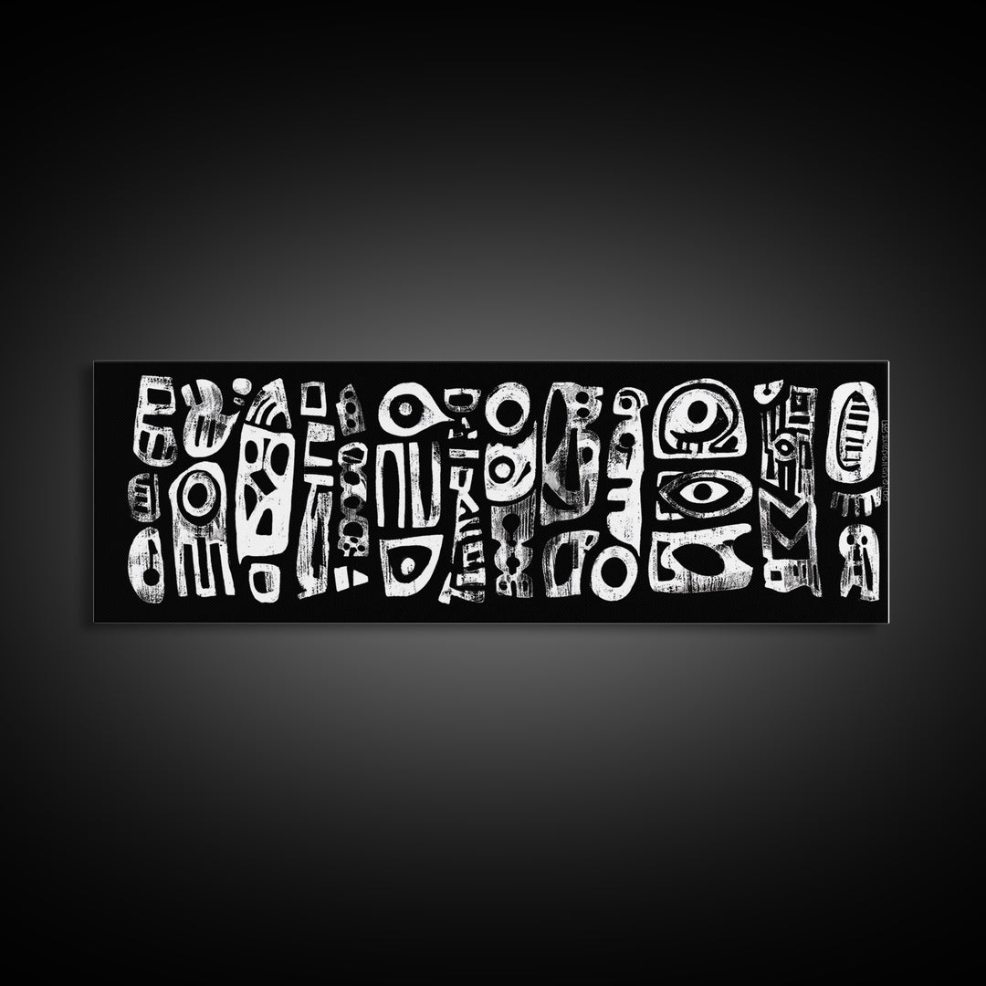 White Abstract African Mask Symbols Canvas Print, Black Tribal Pattern Wall Decor, Afrocentric Modern Art, Ethnic Art Print