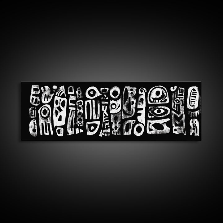 White Abstract African Mask Symbols Canvas Print, Black Tribal Pattern Wall Decor, Afrocentric Modern Art, Ethnic Art Print