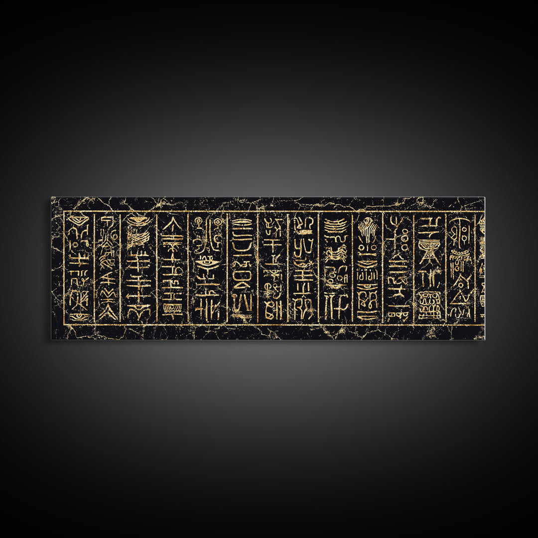 Gold Ancient African Hieroglyph Panels Wall Art, Egyptian Tribal Canvas Decor, Black And Gold Cultural Art Print, Home Decor