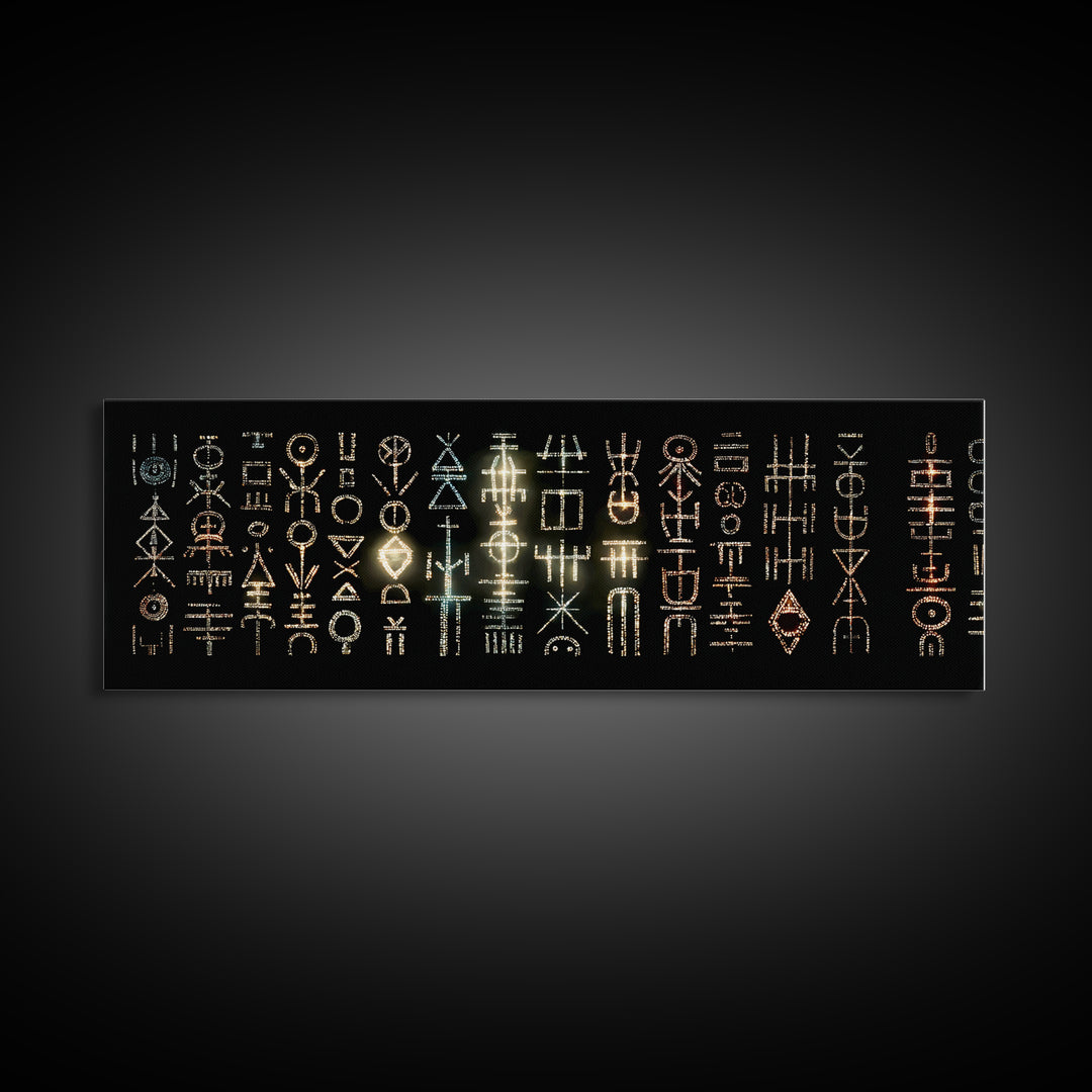 Illuminated African Tribal Icons Wall Art, Gold And Teal Symbol Pattern, Afrocentric Decor, Modern Cultural Art Print Gift