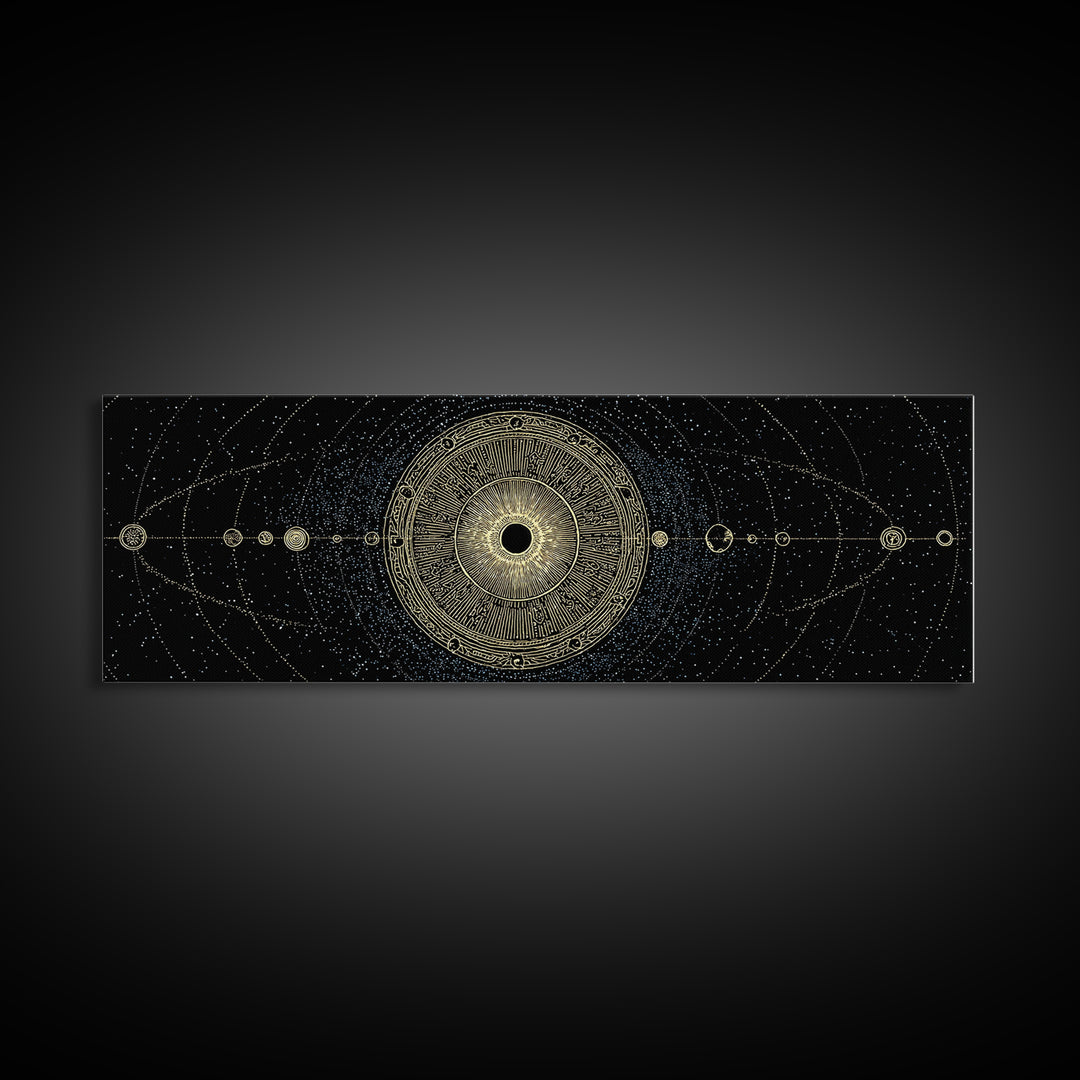 Golden Sacred Geometry Solar System Canvas Print, Celestial Mandala Wall Decor, Luxury Astronomy Poster, Boho Home Decor