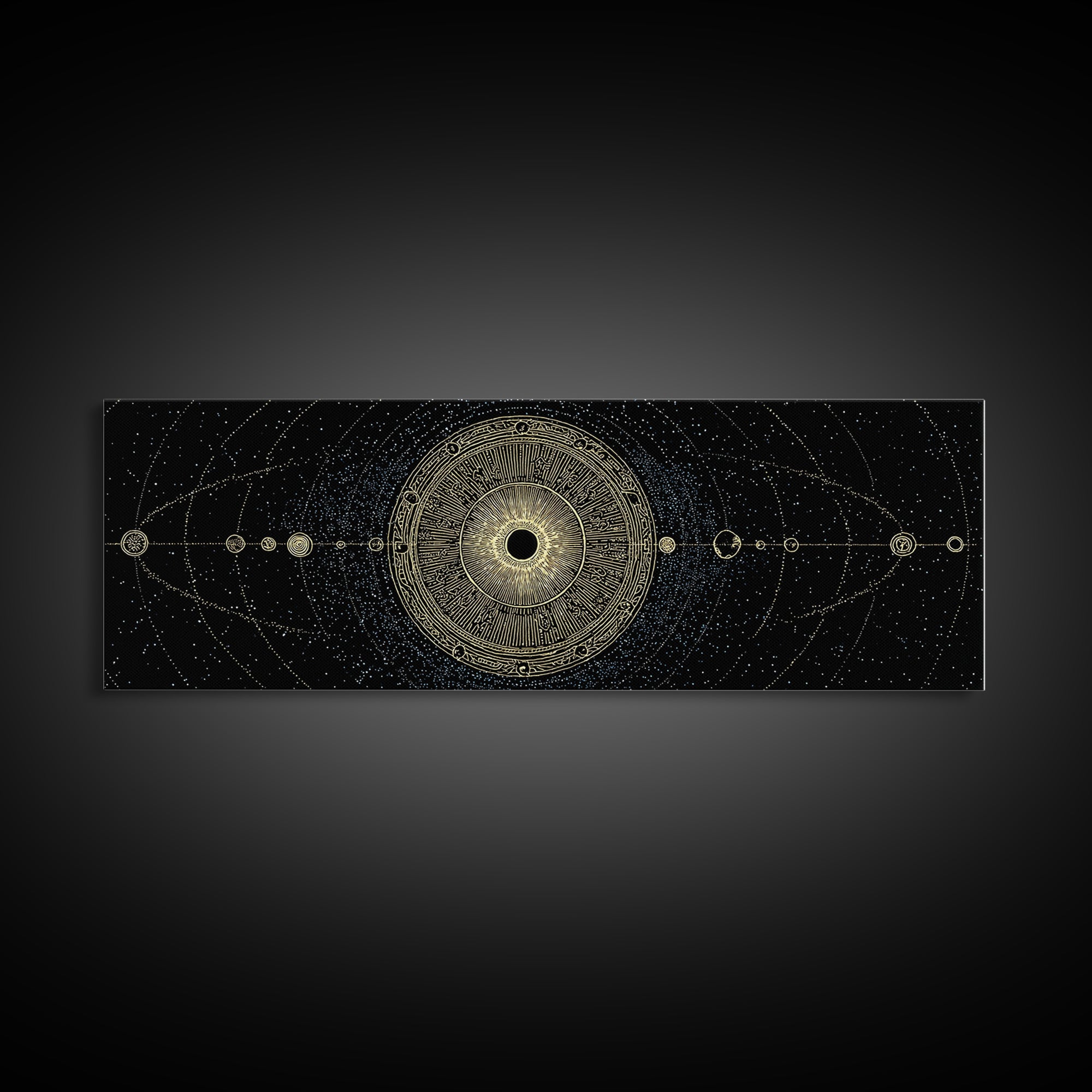 Golden Sacred Geometry Solar System Canvas Print, Celestial Mandala Wall Decor, Luxury Astronomy Poster, Boho Home Decor