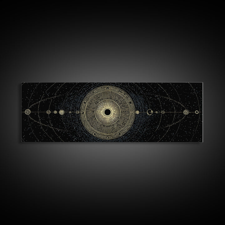 Golden Sacred Geometry Solar System Canvas Print, Celestial Mandala Wall Decor, Luxury Astronomy Poster, Boho Home Decor