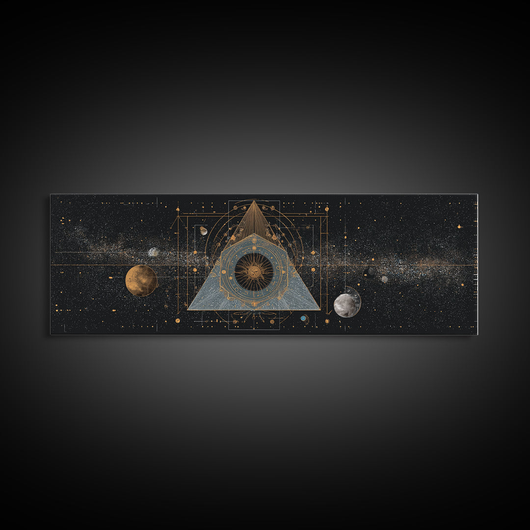 Mystic Planetary Triangle Framed Canvas Print, Gold Celestial Space Wall Art, Sacred Geometry Poster, Modern Home Decor Gift