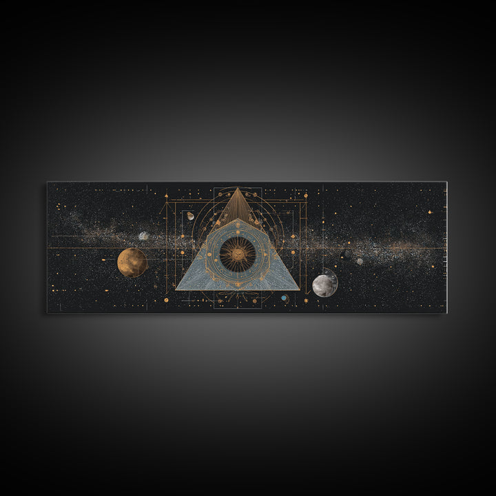 Mystic Planetary Triangle Framed Canvas Print, Gold Celestial Space Wall Art, Sacred Geometry Poster, Modern Home Decor Gift