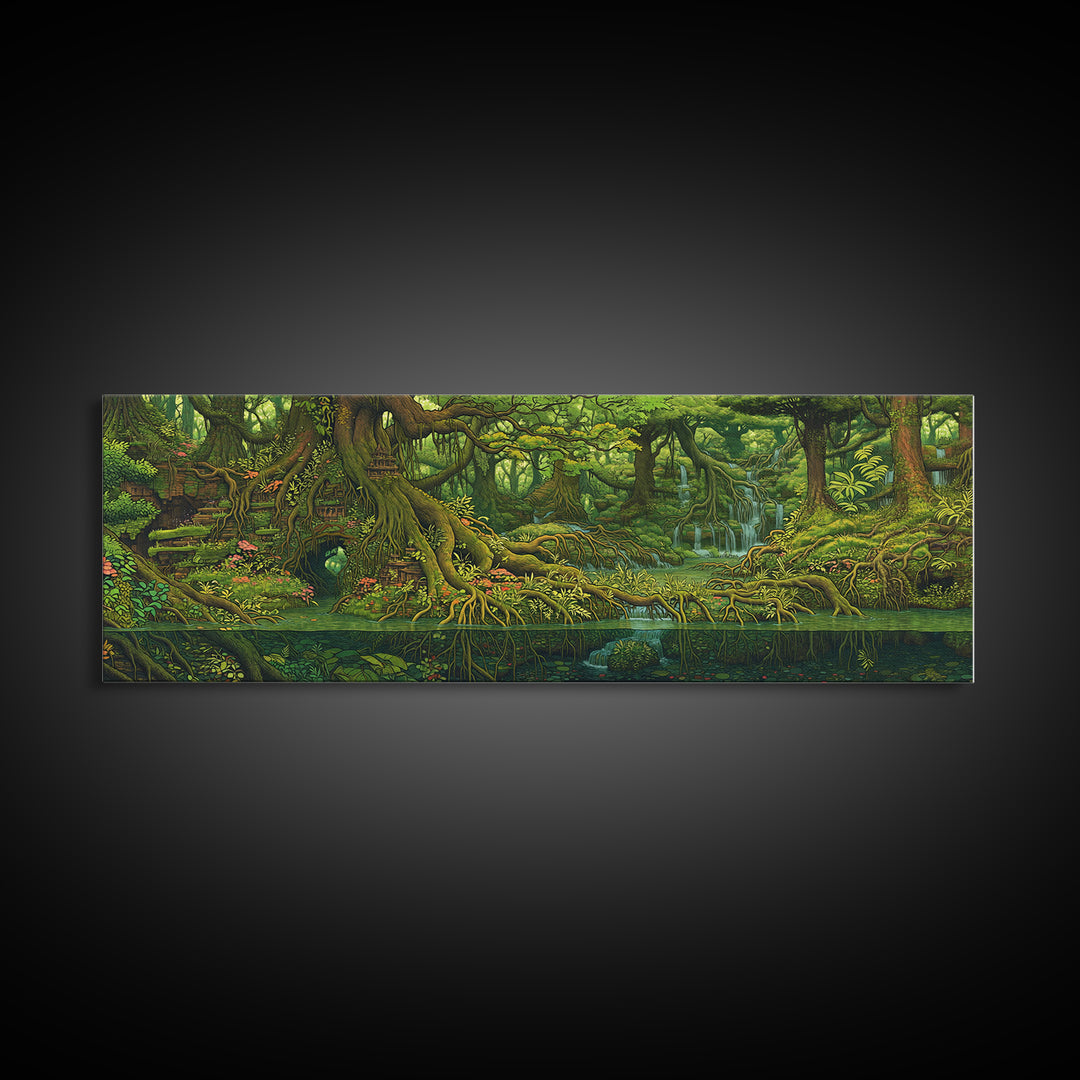 Ancient Jungle River Roots Wall Art, Lush Green Forest Canvas Print, Nature Scene Decor, Fantasy Landscape Home Decor Gift