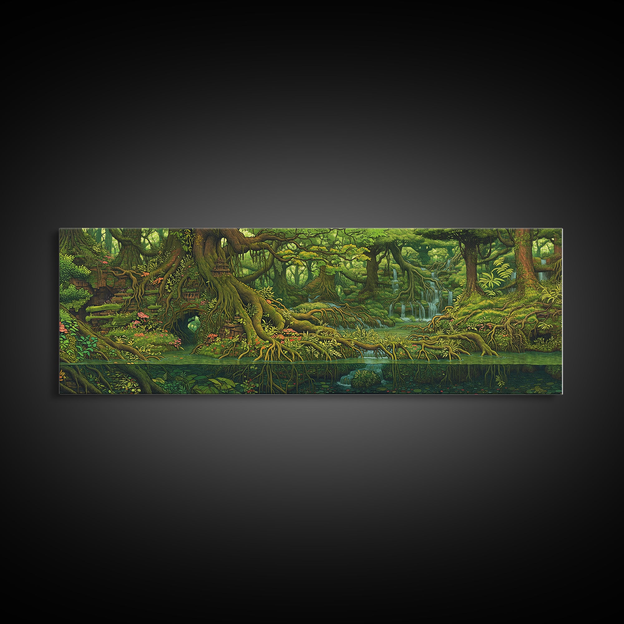 Ancient Jungle River Roots Wall Art, Lush Green Forest Canvas Print, Nature Scene Decor, Fantasy Landscape Home Decor Gift