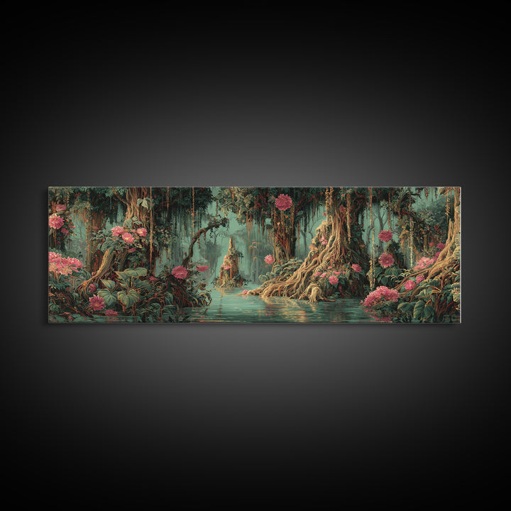 Enchanted Swamp With Pink Blooms Framed Canvas Print, Mystical Jungle Wall Art, Floral Nature Scene, Boho Home Decor Gift