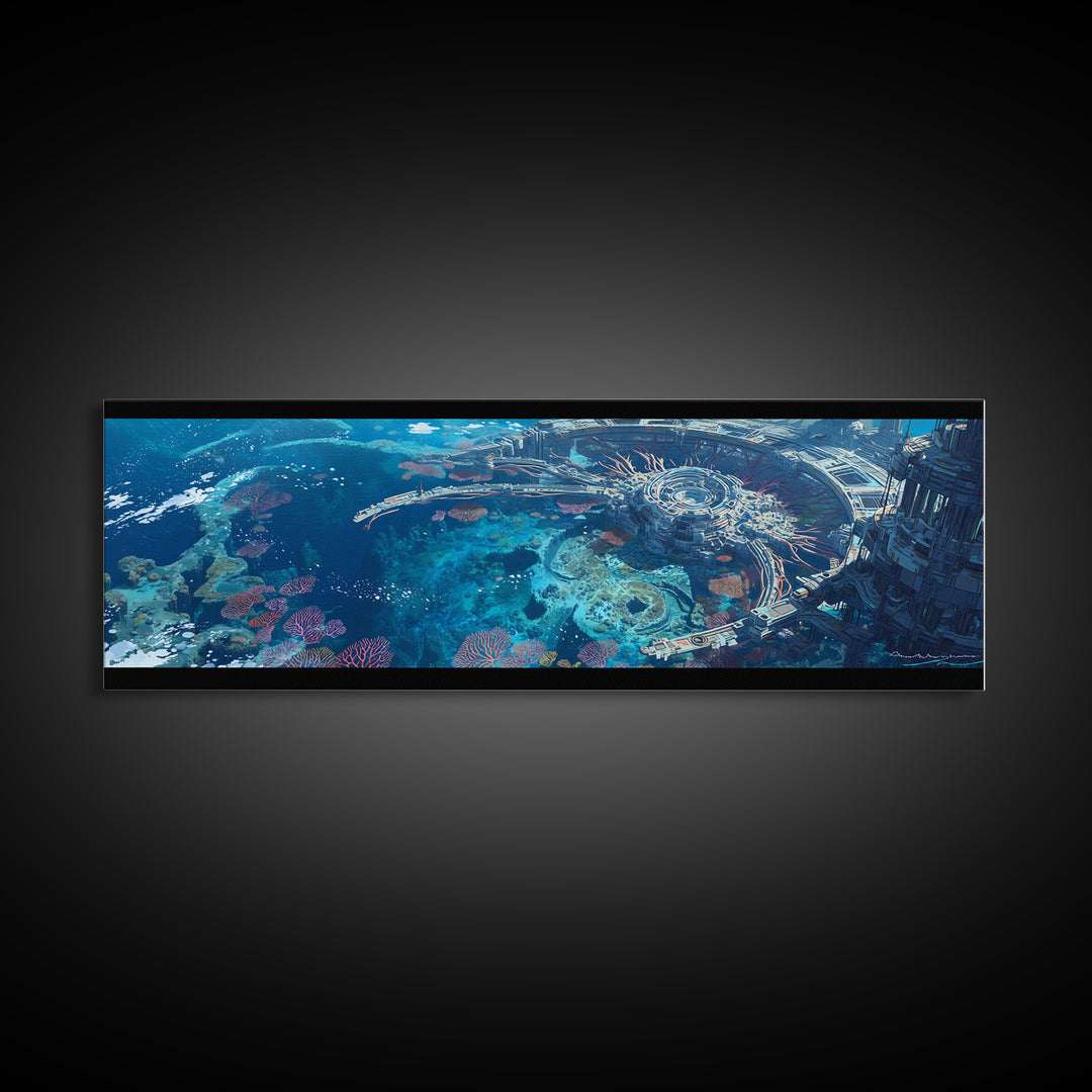 Futuristic Underwater Reef City Canvas Print, Blue Ocean Sci Fi Wall Art, Coral Seascape Poster, Unique Wall Decor Gift Idea