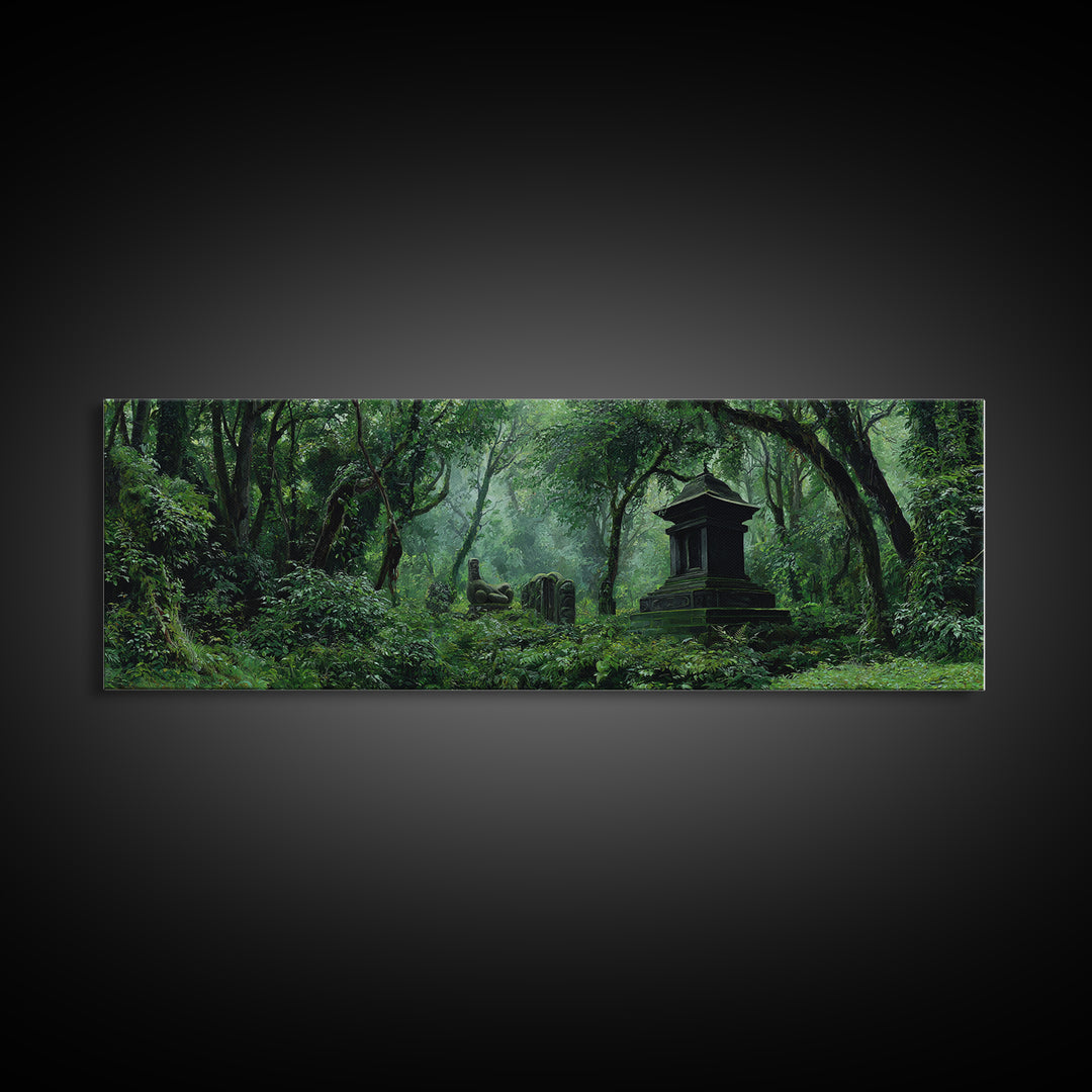Ancient Jungle Tomb And Forest Ruins Framed Canvas Print, African Landscape, Mystical Wall Art, Dark Green Office Decor Gift