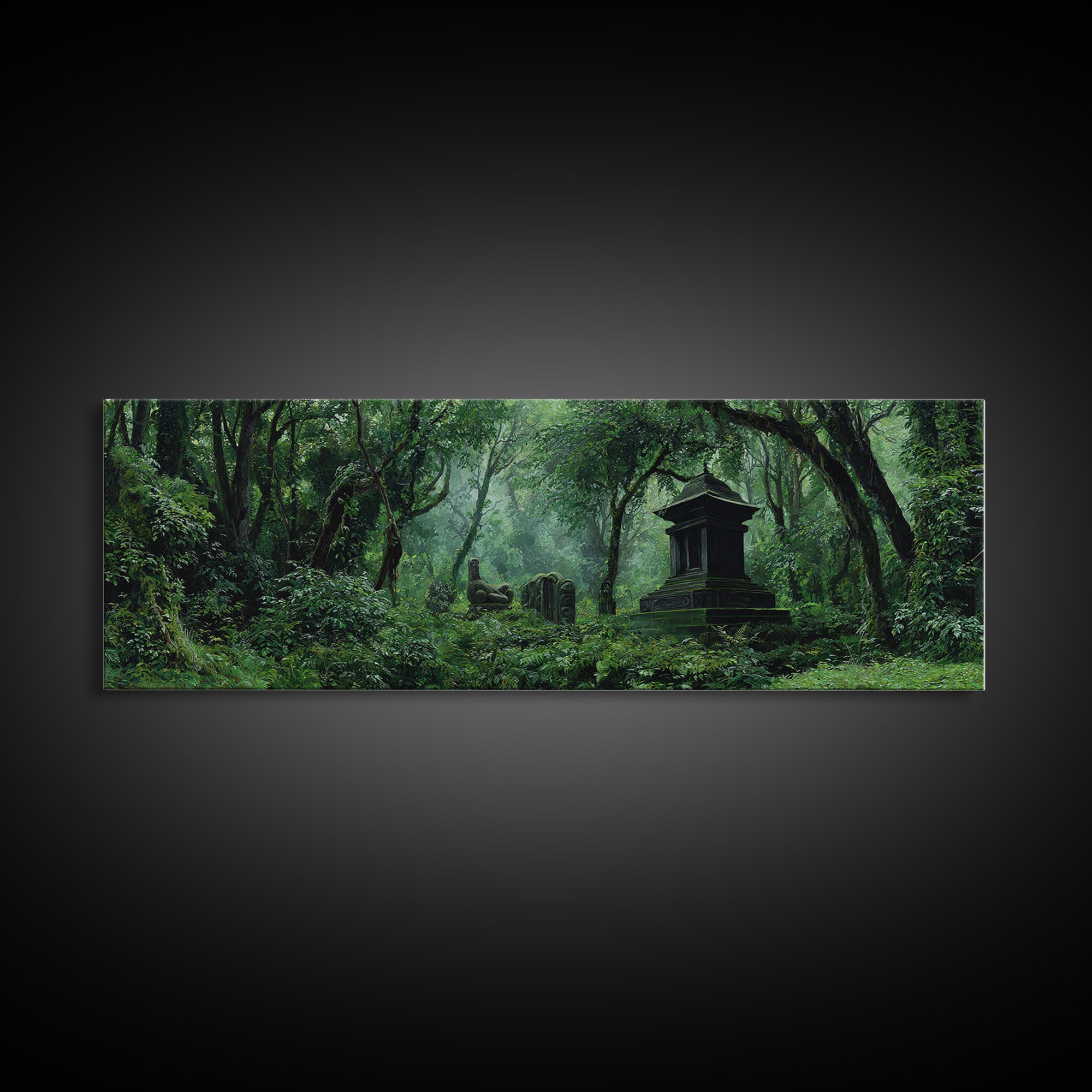 Ancient Jungle Tomb And Forest Ruins Framed Canvas Print, African Landscape, Mystical Wall Art, Dark Green Office Decor Gift