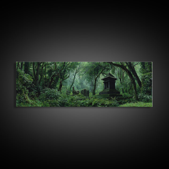 Ancient Jungle Tomb And Forest Ruins Framed Canvas Print, African Landscape, Mystical Wall Art, Dark Green Office Decor Gift