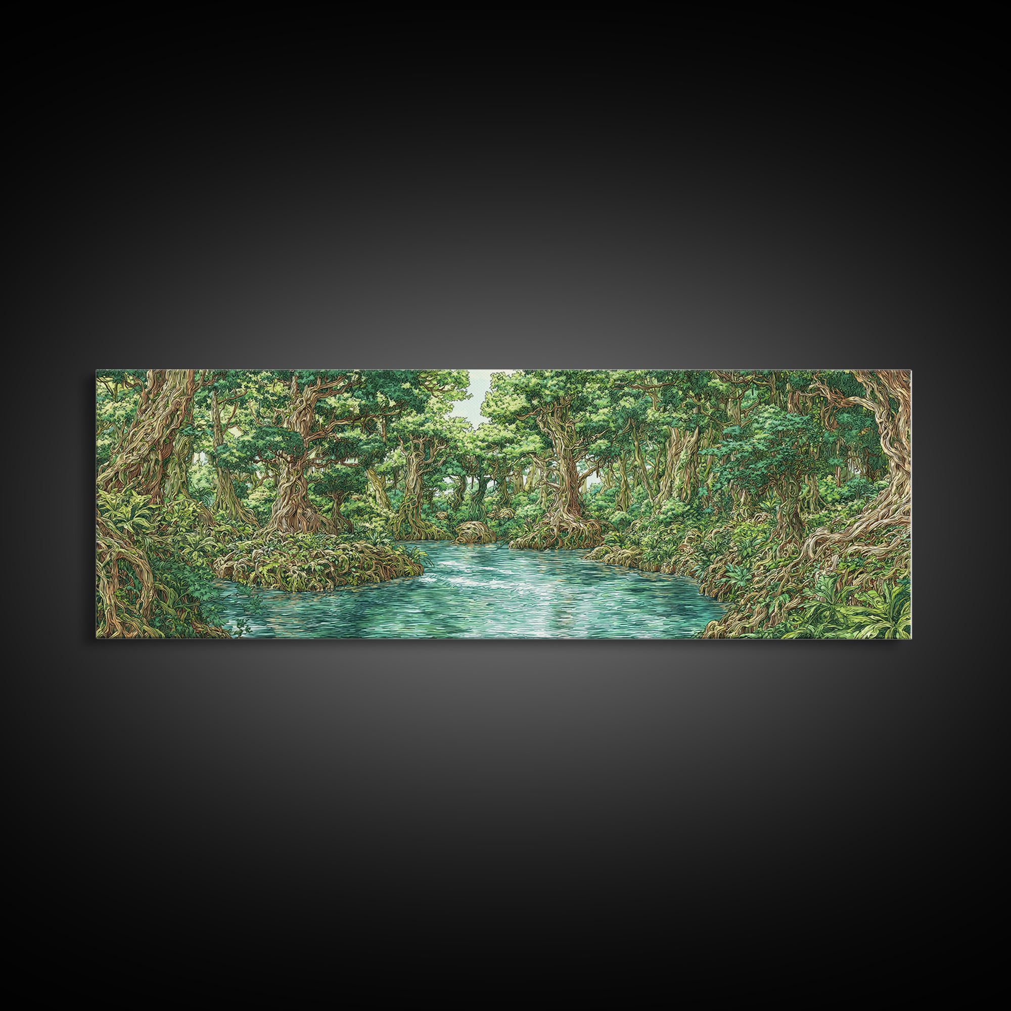 Turquoise River Through Lush African Jungle Canvas Print, Nature Scene Art, Safari Wall Decor, Green Boho Living Room Art