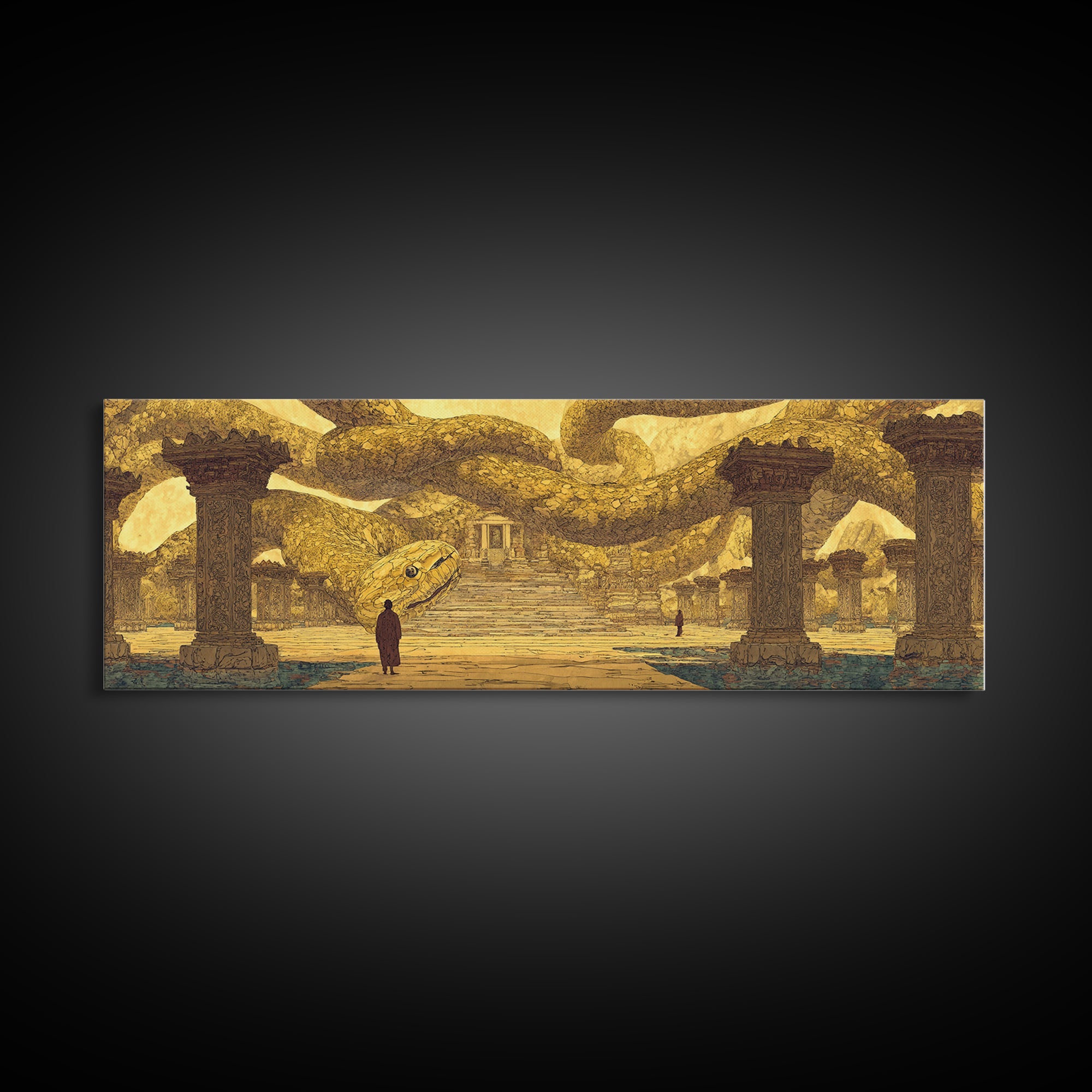 Ancient Golden Serpent Temple Wall Art, African Egyptian Art, Mythic Snake Decor, Luxury Canvas Print For Statement Room