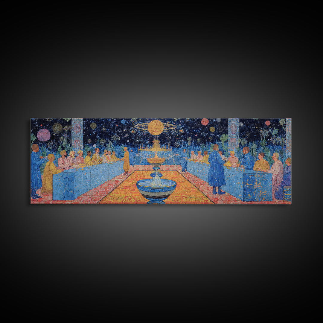 Celestial Banquet And Fountain Garden Canvas Print, African Inspired Wall Art, Dreamy Blue Celebration Decor Gift For Home