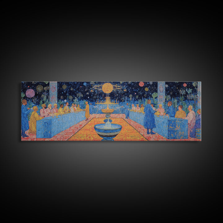 Celestial Banquet And Fountain Garden Canvas Print, African Inspired Wall Art, Dreamy Blue Celebration Decor Gift For Home