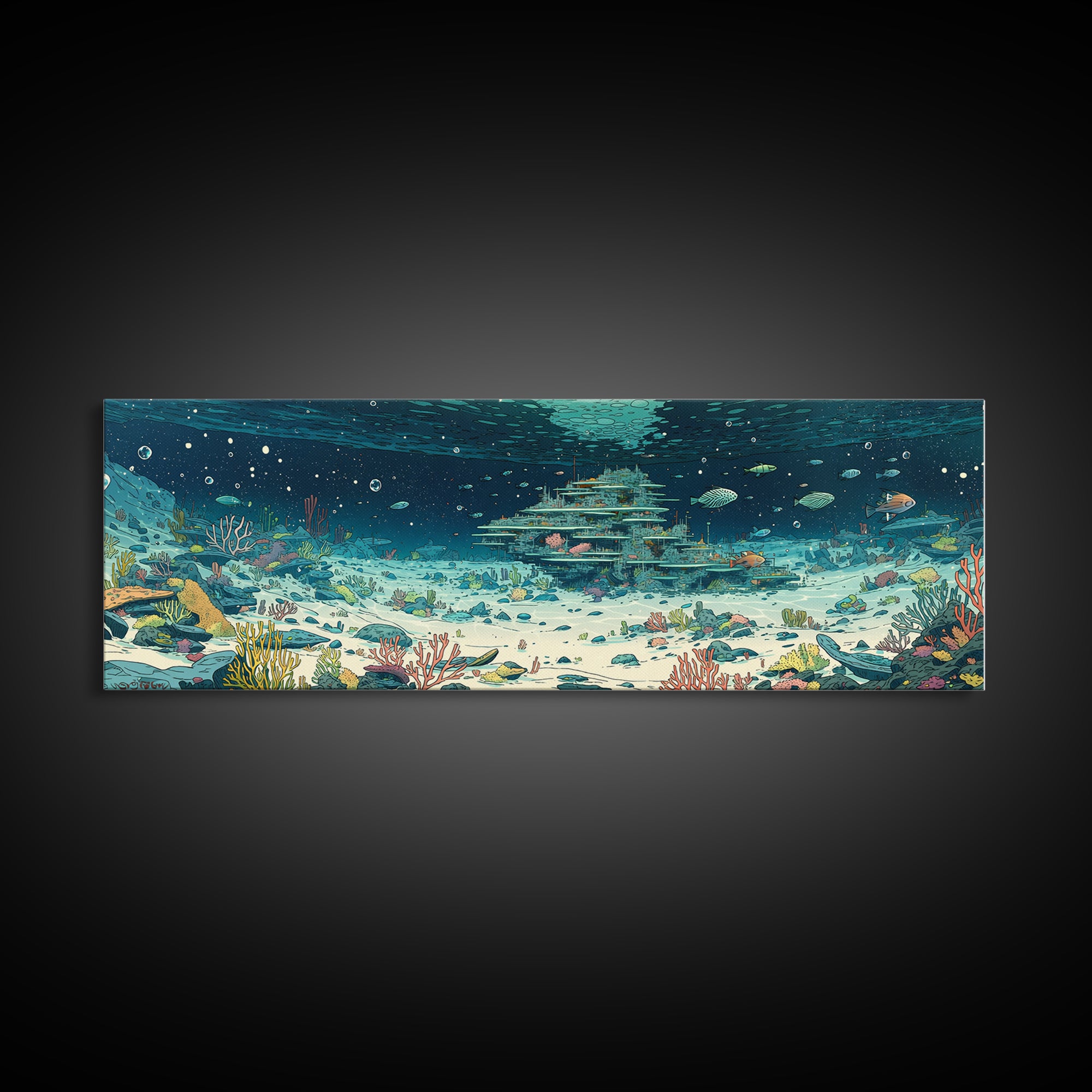 Underwater Coral Reef City With Fish Canvas Print, Ocean Wall Art, Beach Art, Blue Nature Scene, Coastal Home Decor Gift