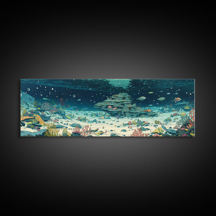 Underwater Coral Reef City With Fish Canvas Print, Ocean Wall Art, Beach Art, Blue Nature Scene, Coastal Home Decor Gift