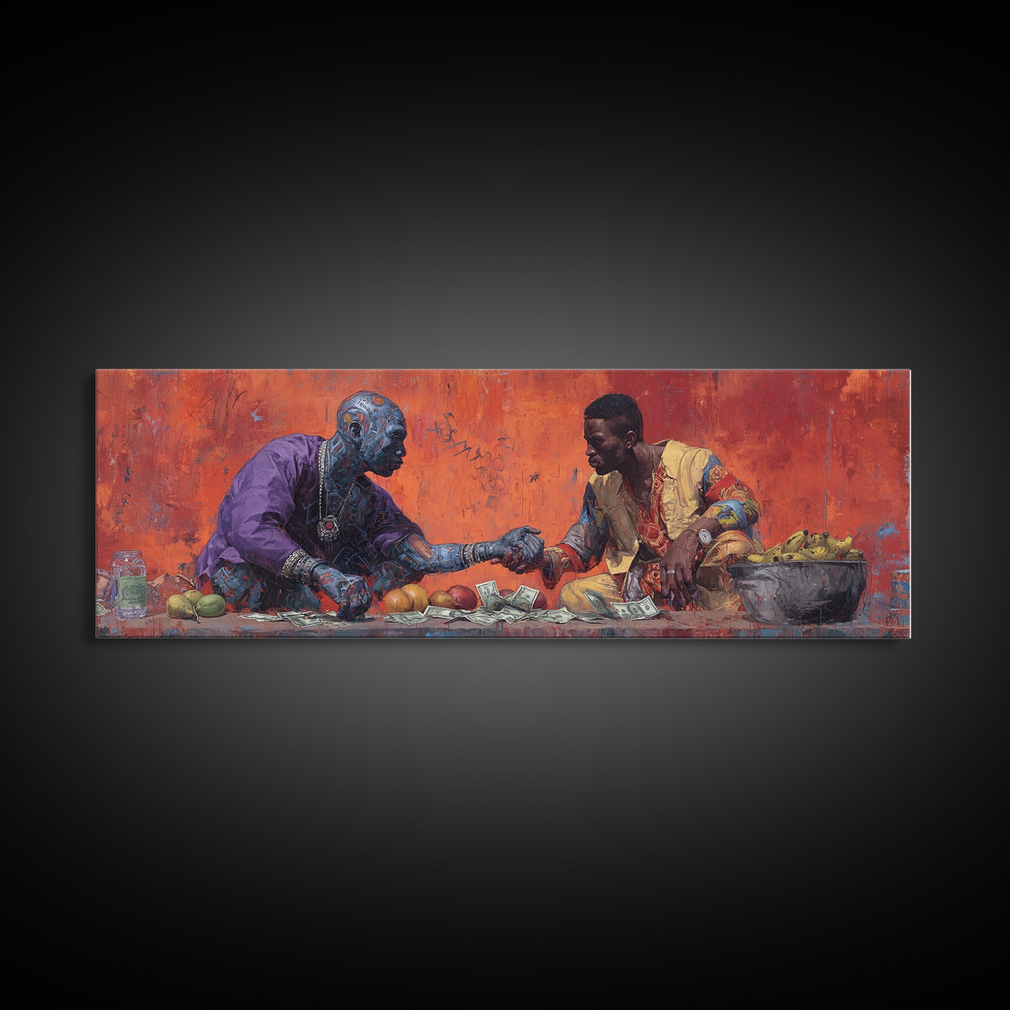 African Market Handshake Scene Canvas Print, African Wall Art, Cultural Art, Orange Painting, Afrocentric Home Decor Gift