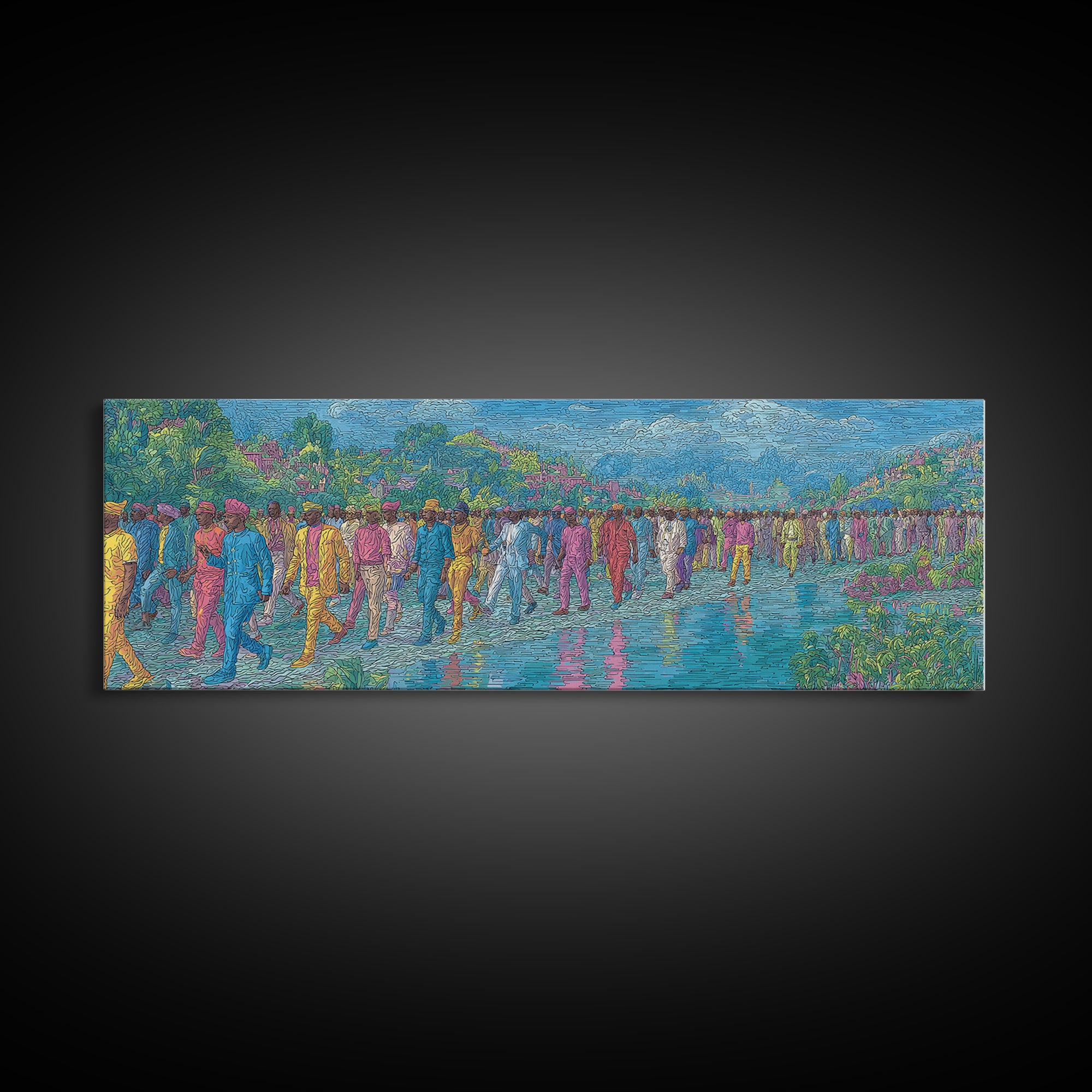 Colorful Riverside Crowd Abstract Wall Art, African Inspired Canvas Print, Modern Art, Vibrant Home Decor, Large Wall Art