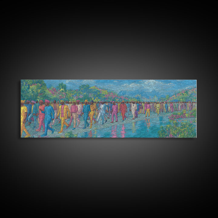 Colorful Riverside Crowd Abstract Wall Art, African Inspired Canvas Print, Modern Art, Vibrant Home Decor, Large Wall Art