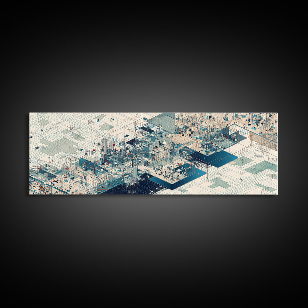 Isometric Futuristic City Grid Wall Art, Digital Art Canvas Print, Modern Office Decor, Geometric Wall Art, Tech Blue Art