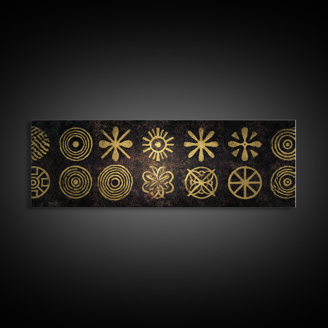 Gold Tribal Symbol Pattern Canvas Print, African Tribal Art, African Patterns, Black And Gold Art, Cultural Wall Decor, Boho Decor