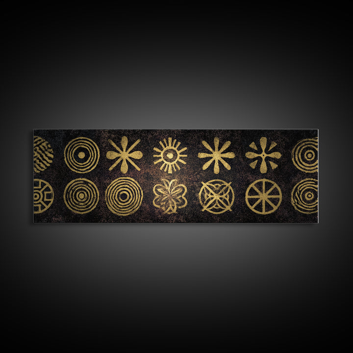 Gold Tribal Symbol Pattern Canvas Print, African Tribal Art, African Patterns, Black And Gold Art, Cultural Wall Decor, Boho Decor