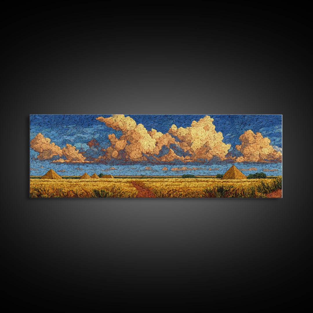 Golden Pyramids Under Textured Clouds Framed Canvas Print, African Egyptian Art, African Landscape, Blue And Gold Canvas, Decor