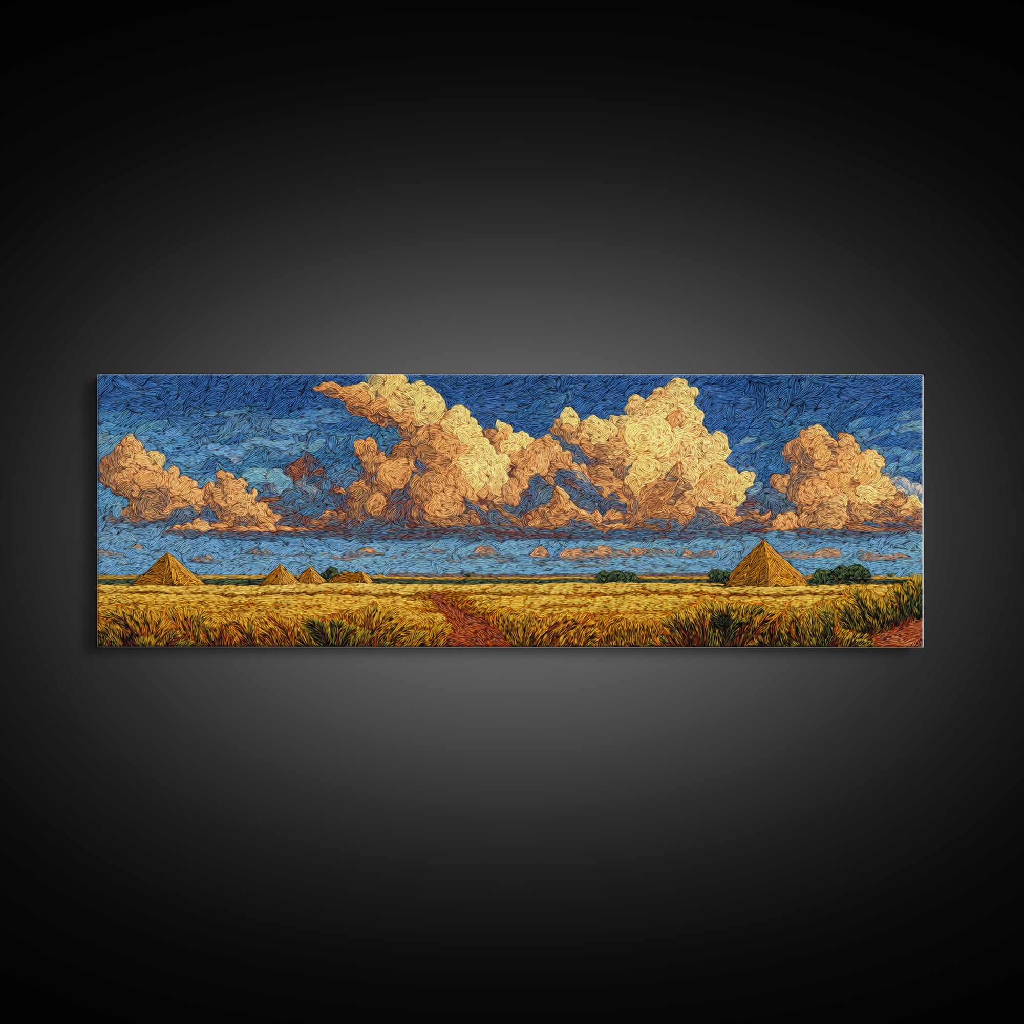 Golden Pyramids Under Textured Clouds Framed Canvas Print, African Egyptian Art, African Landscape, Blue And Gold Canvas, Decor