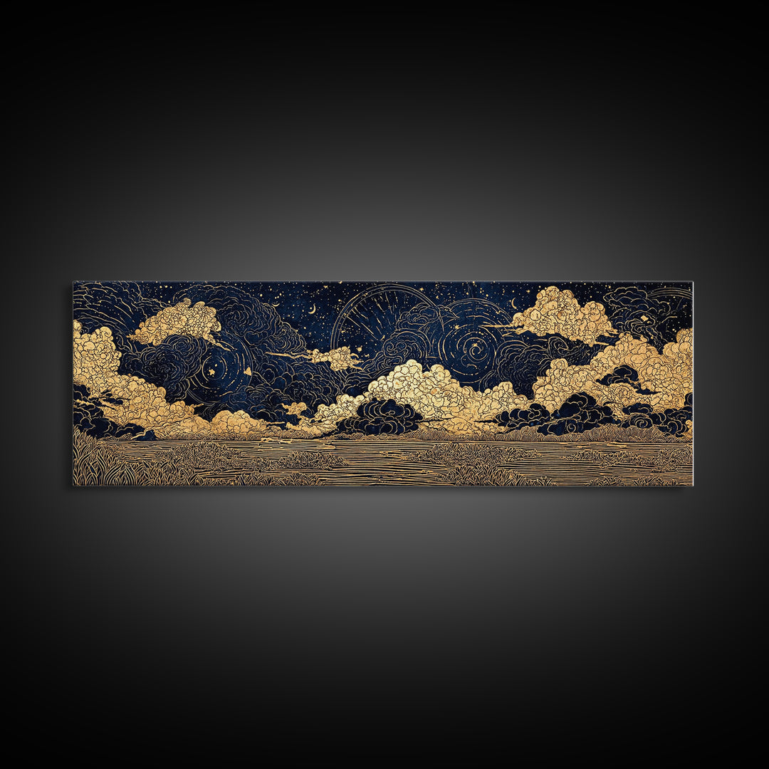 Gold Line Celestial Clouds Over Water Wall Art, African Abstract, Spiritual Wall Art, Mystical Wall Art, Black And Gold Art Decor