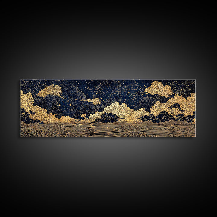 Gold Line Celestial Clouds Over Water Wall Art, African Abstract, Spiritual Wall Art, Mystical Wall Art, Black And Gold Art Decor