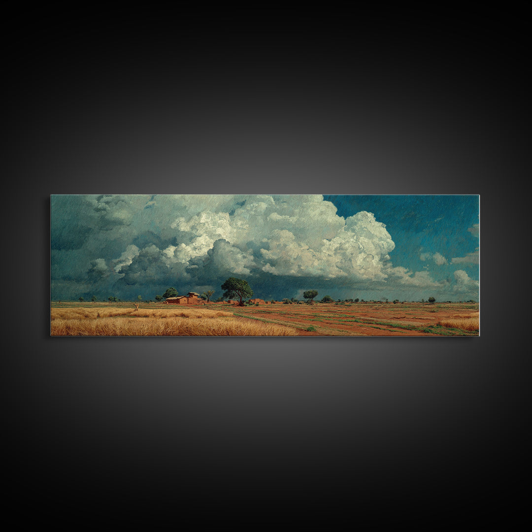 Rustic Farmhouse Beneath Towering Clouds Canvas Print, African Landscape, Earth Tone Wall Art, Nature Scene Art, Home Decor
