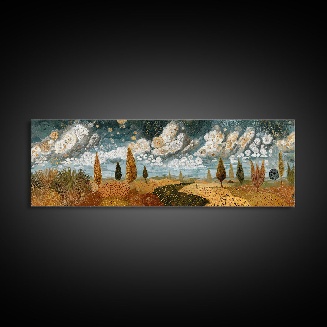 Golden African Savanna Hills Wall Art, Abstract Storm Cloud Landscape, Earth Tone Canvas Decor, Boho Living Room Art Print