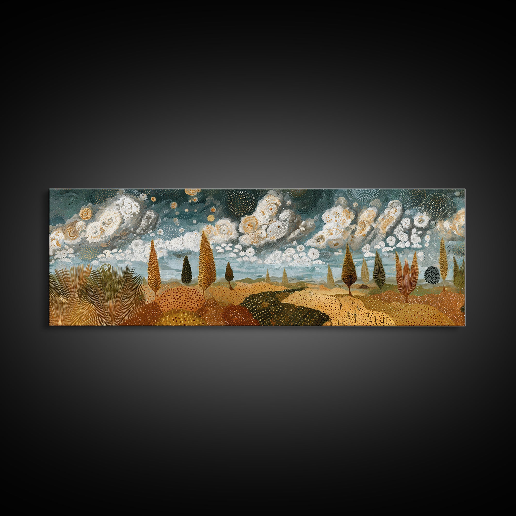 Golden African Savanna Hills Wall Art, Abstract Storm Cloud Landscape, Earth Tone Canvas Decor, Boho Living Room Art Print