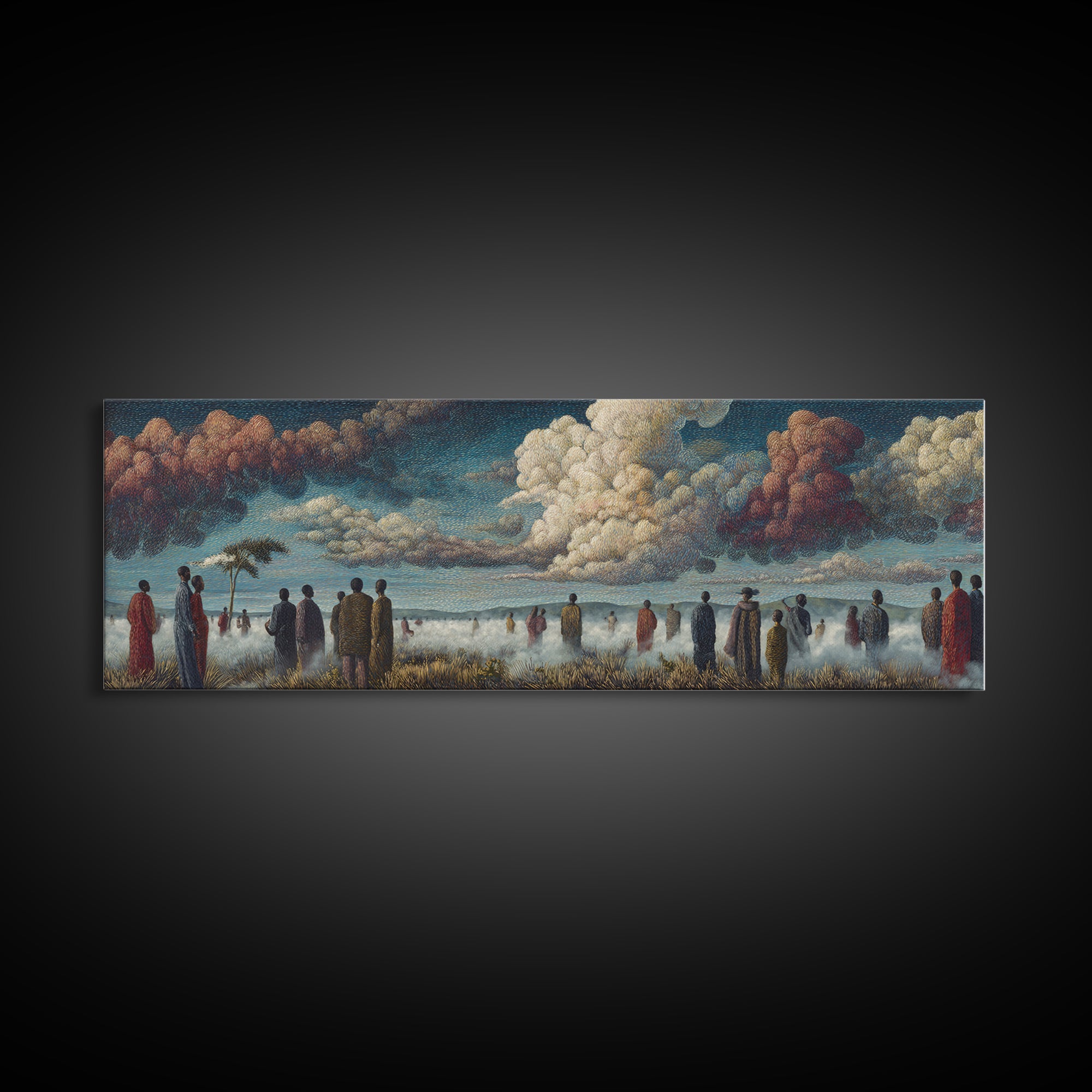 Misty African Gathering Wall Art, Dramatic Cloud Lake Landscape, Afrocentric Canvas Decor, Cultural Living Room Print Gift