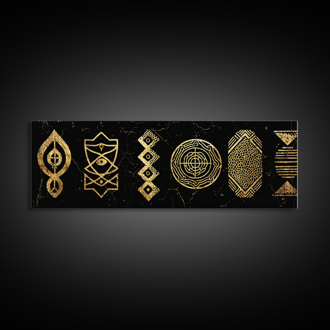 Gold Tribal Symbols Canvas Print, African Geometric Pattern Wall Decor, Abstract Black And Gold Art, Modern Ethnic Decor