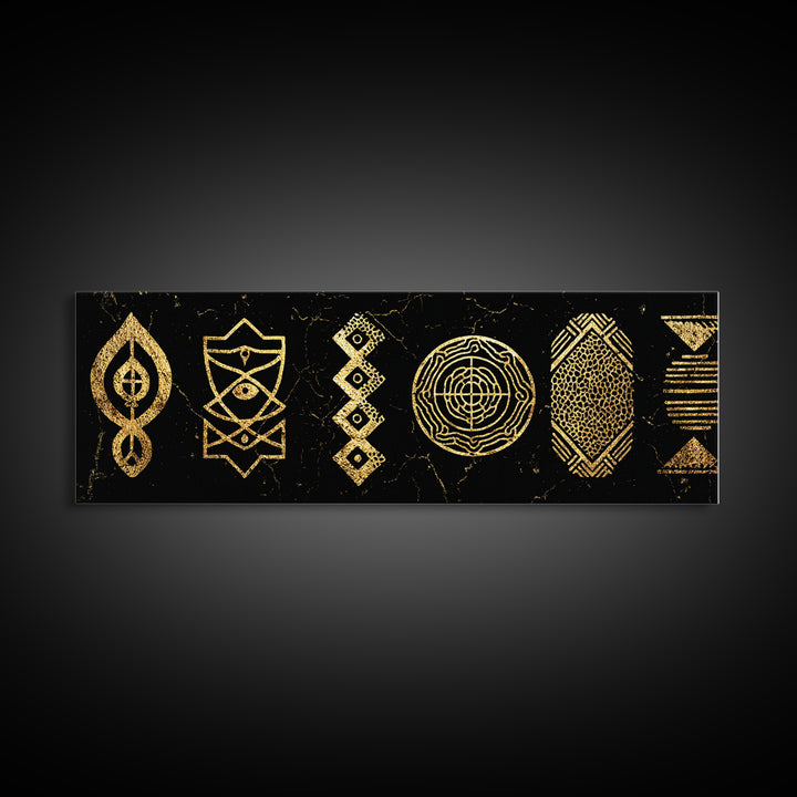 Gold Tribal Symbols Canvas Print, African Geometric Pattern Wall Decor, Abstract Black And Gold Art, Modern Ethnic Decor