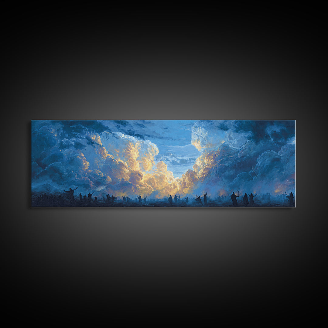 Glowing Sky Celebration Canvas Print, African Spiritual Wall Decor, Blue Gold Cloud Landscape, Afrocentric Home Decor Gift