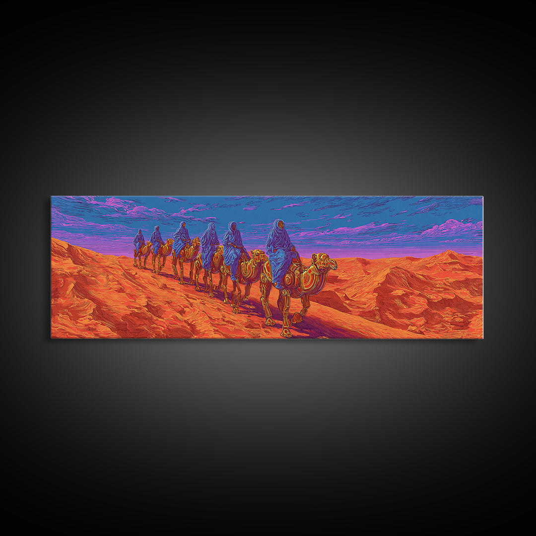 Vibrant Camel Caravan In Orange Desert Mountains, African Safari Art Canvas Print, Serengeti Wall Decor, Travel Gift, Unique Home Decor