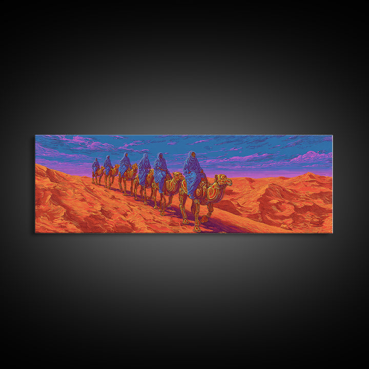 Vibrant Camel Caravan In Orange Desert Mountains, African Safari Art Canvas Print, Serengeti Wall Decor, Travel Gift, Unique Home Decor