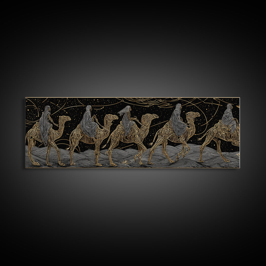 Gold Line Camel Caravan Under Celestial Night, African Safari Art Canvas Print, Black And Gold Art, Bohemian Wall Decor Gift