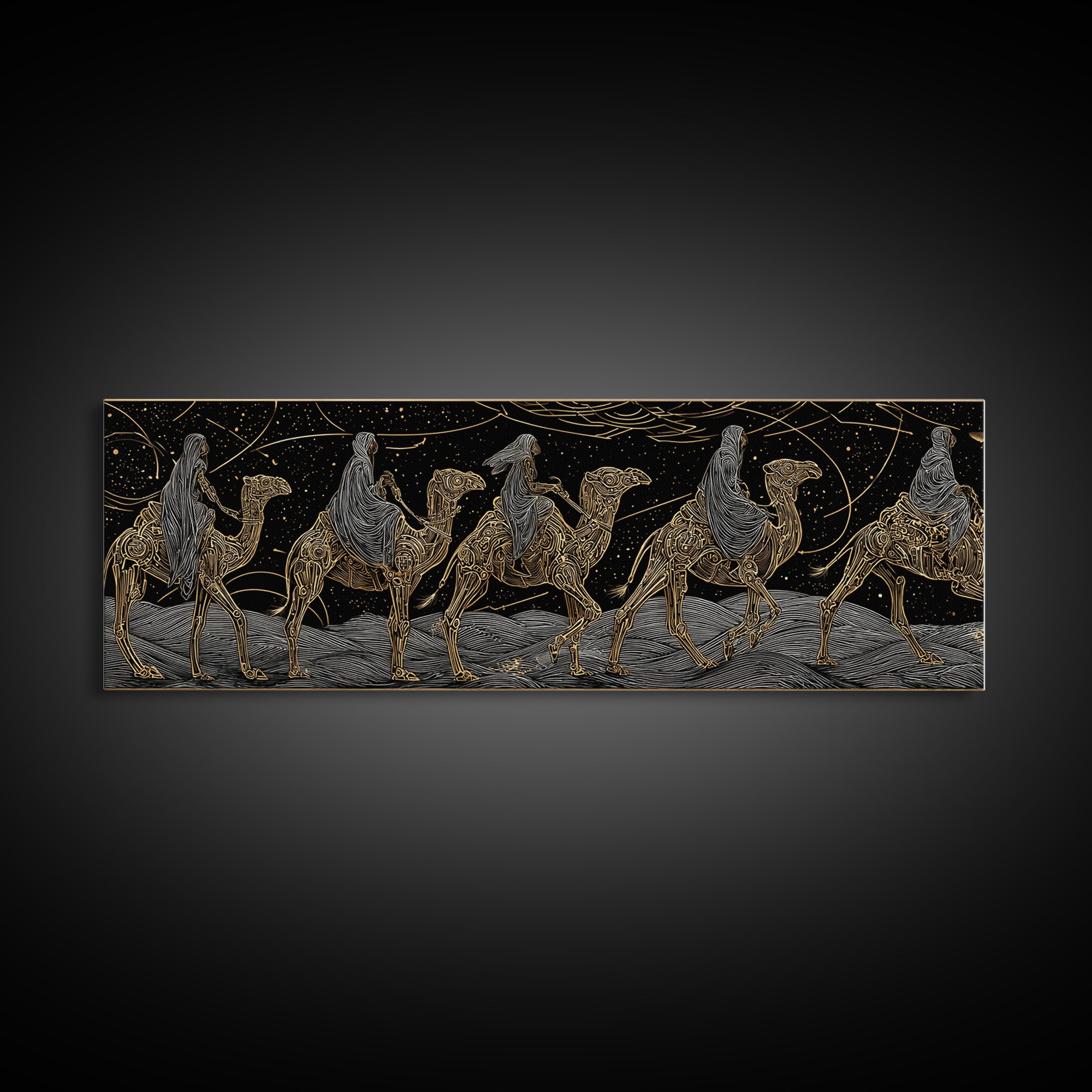 Gold Line Camel Caravan Under Celestial Night, African Safari Art Canvas Print, Black And Gold Art, Bohemian Wall Decor Gift