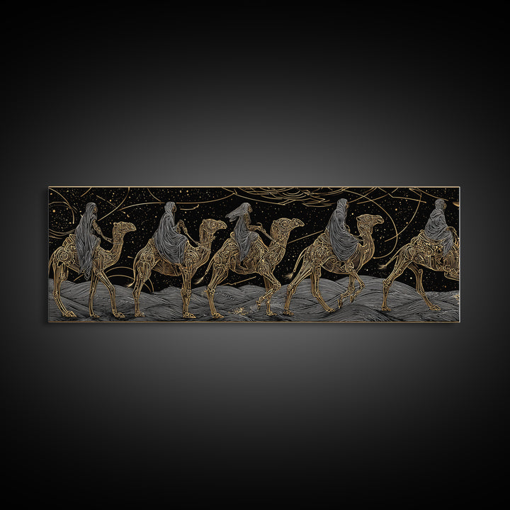 Gold Line Camel Caravan Under Celestial Night, African Safari Art Canvas Print, Black And Gold Art, Bohemian Wall Decor Gift