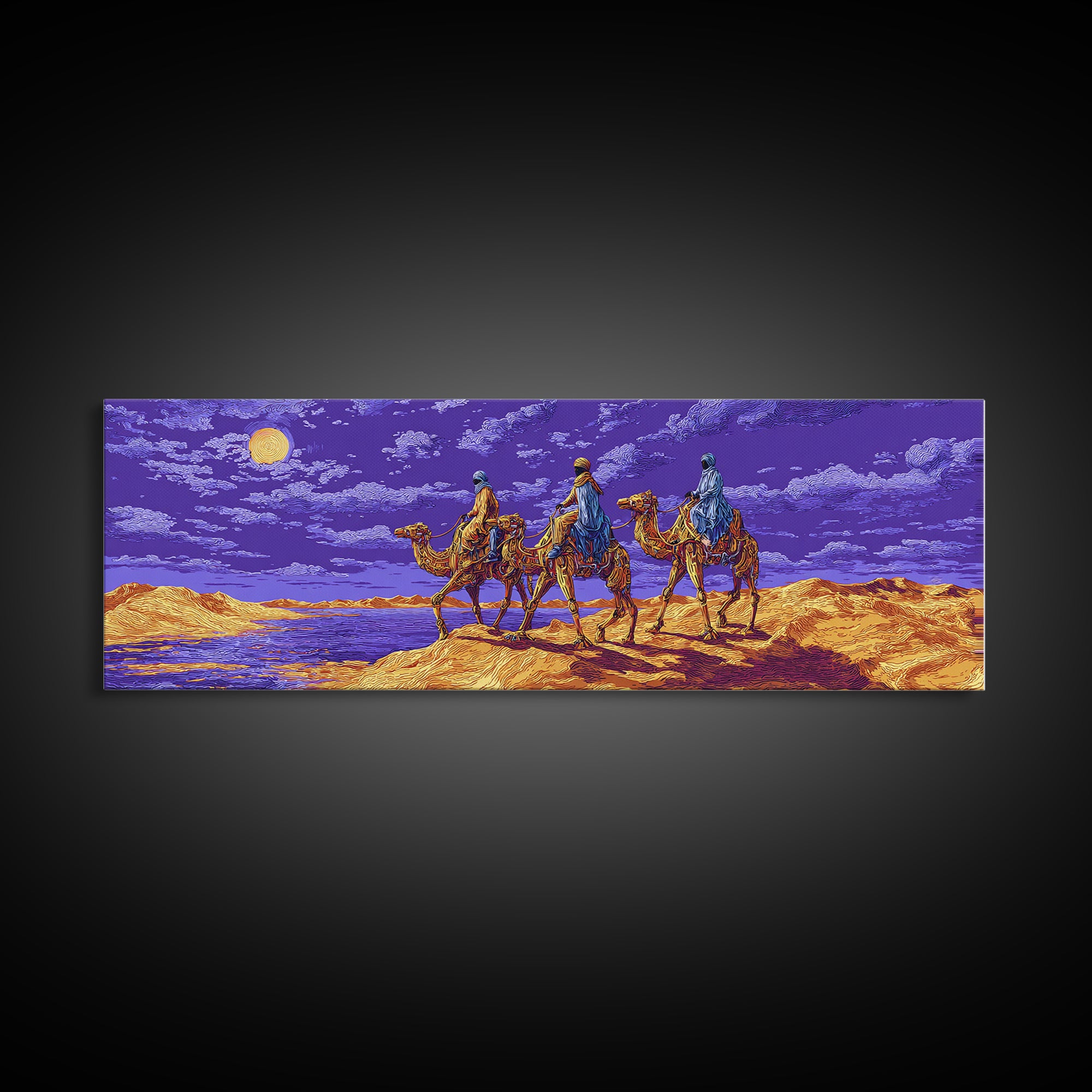 Moonlit Camel Caravan Across Purple Dunes, African Safari Art Framed Canvas Print, Dreamy Wall Art, Unique Home Decor Gift