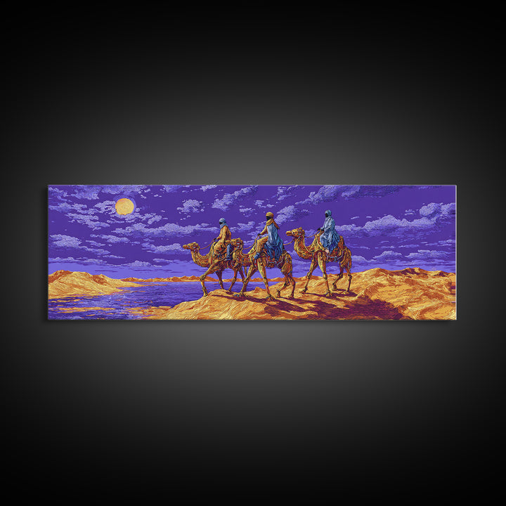 Moonlit Camel Caravan Across Purple Dunes, African Safari Art Framed Canvas Print, Dreamy Wall Art, Unique Home Decor Gift
