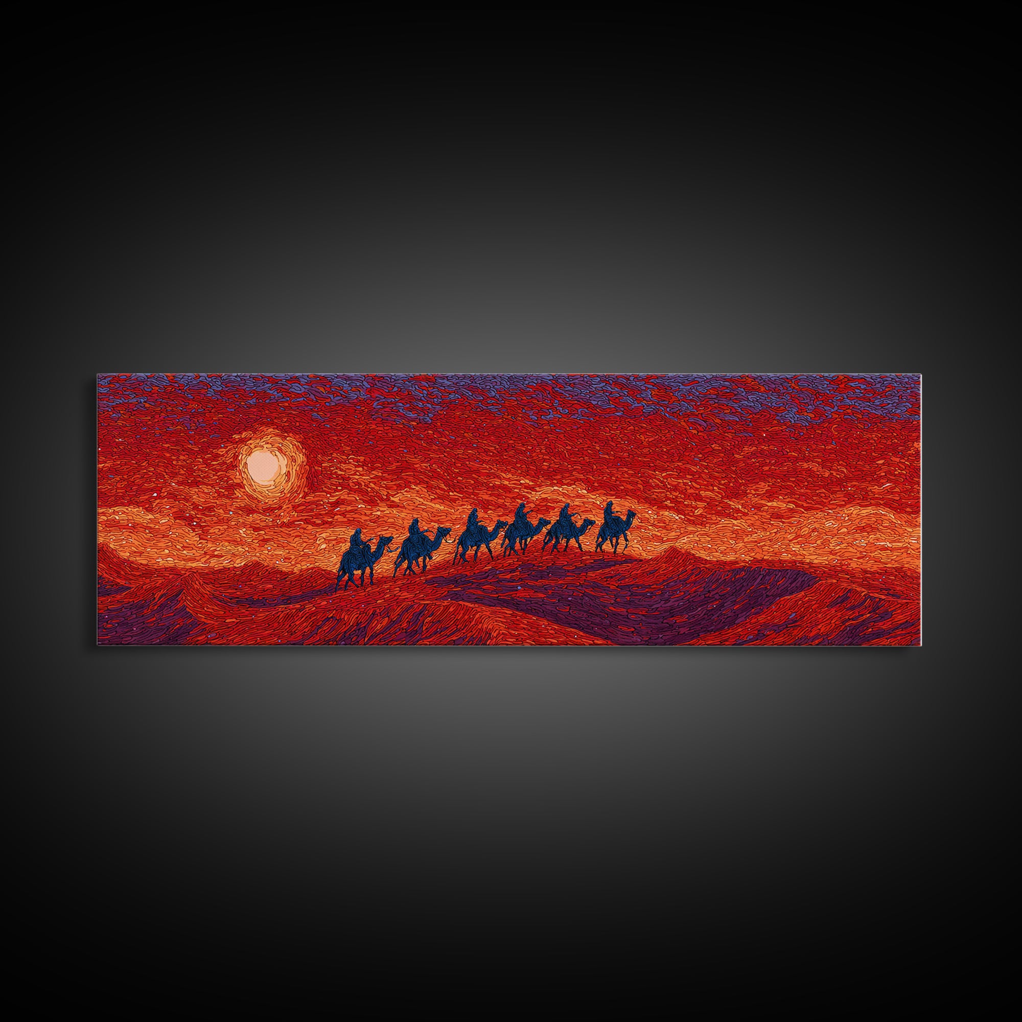 Fiery Sunset Camel Caravan Silhouettes Over Dunes, African Safari Art Canvas Print, Burnt Orange Wall Decor, Travel Gift