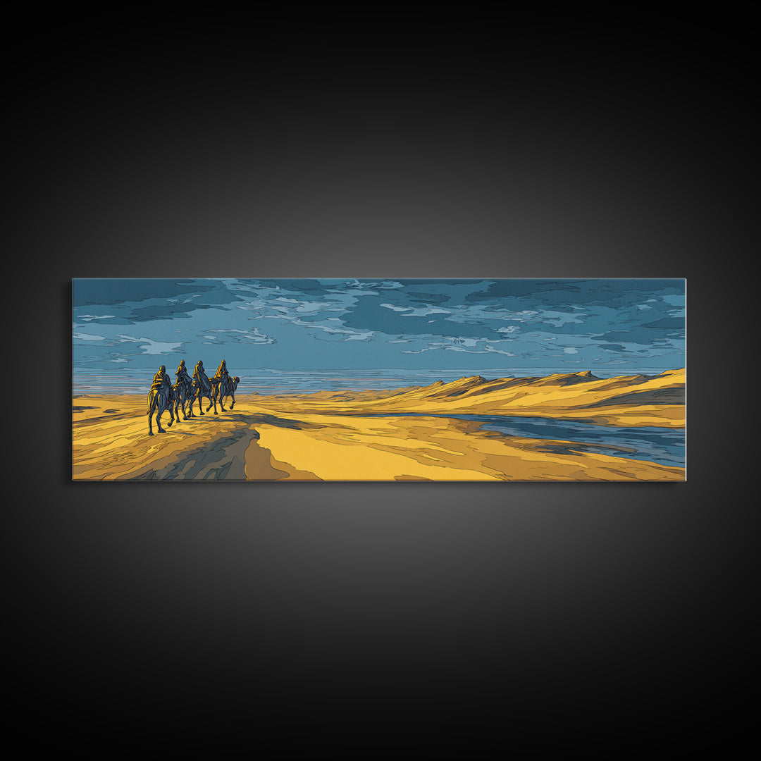 Blue And Gold Desert Riders By Water, African Safari Art Wall Art, Serengeti Landscape, Modern Home Decor, Unique Travel Gift